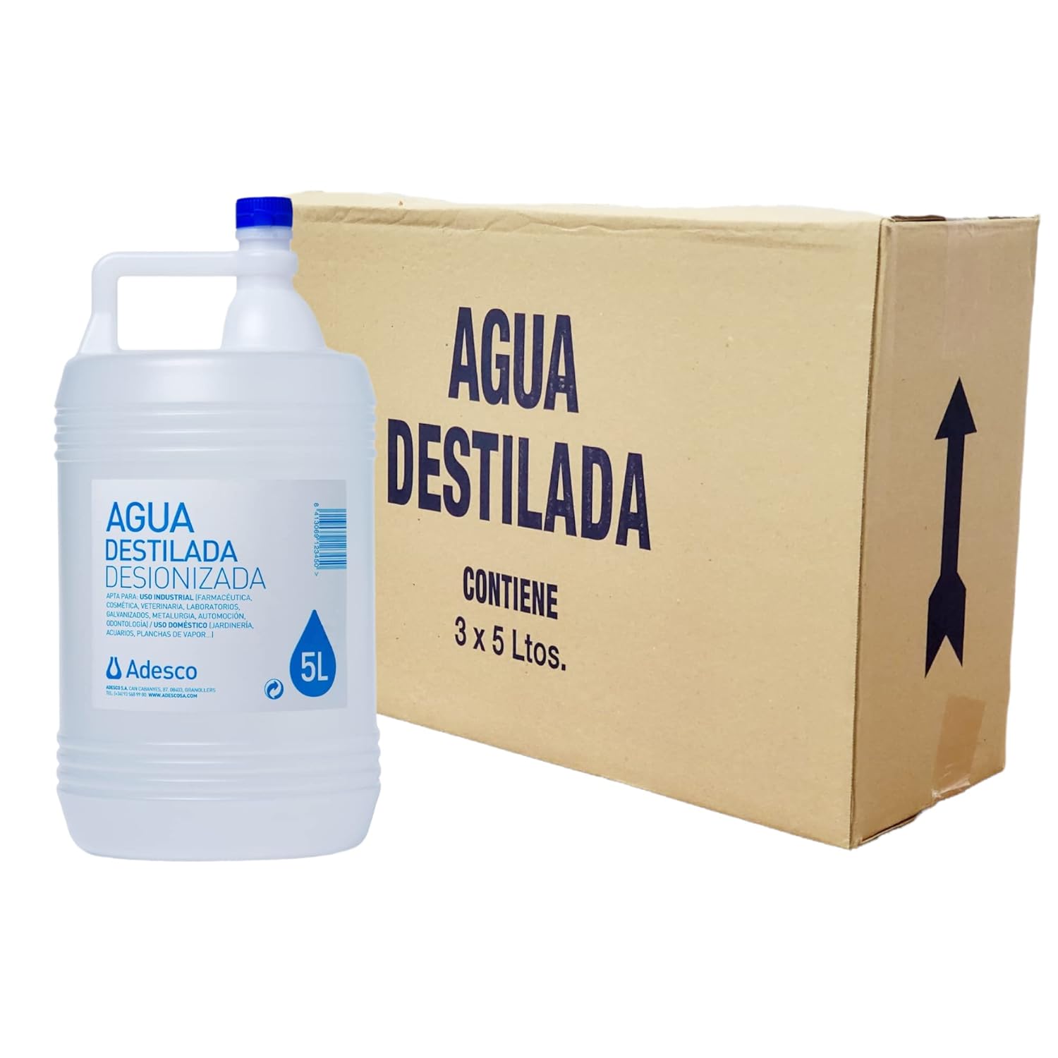 ADESCO agua desionizada en cajas de 3 garrafas de 5 litros