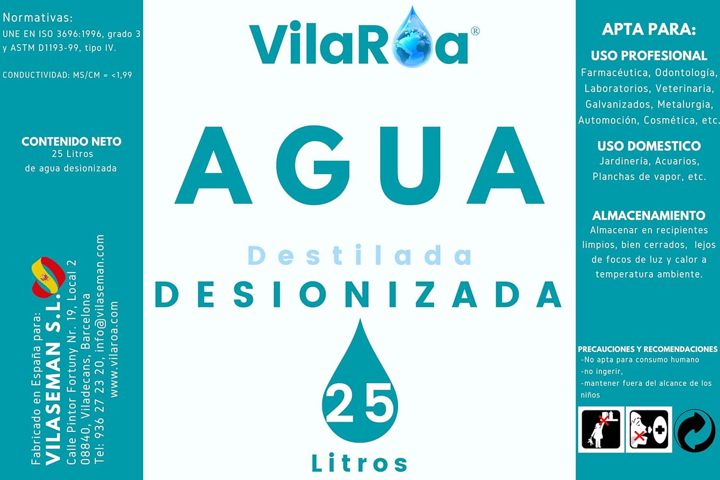 VILAROA Agua desionizada 25 L – alta pureza para uso técnico