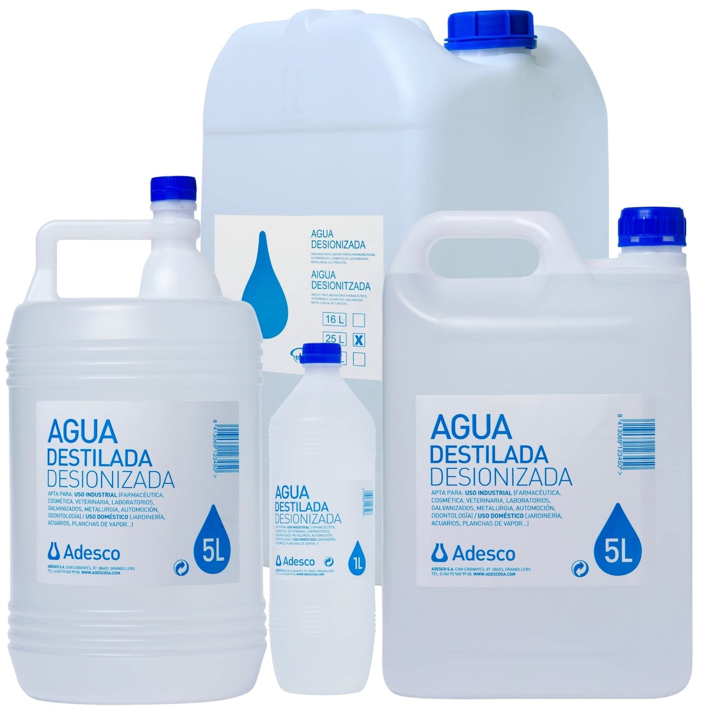 ADESCO Agua desionizada 1 L – packs de 1, 2, 4, 6 o 20 litros