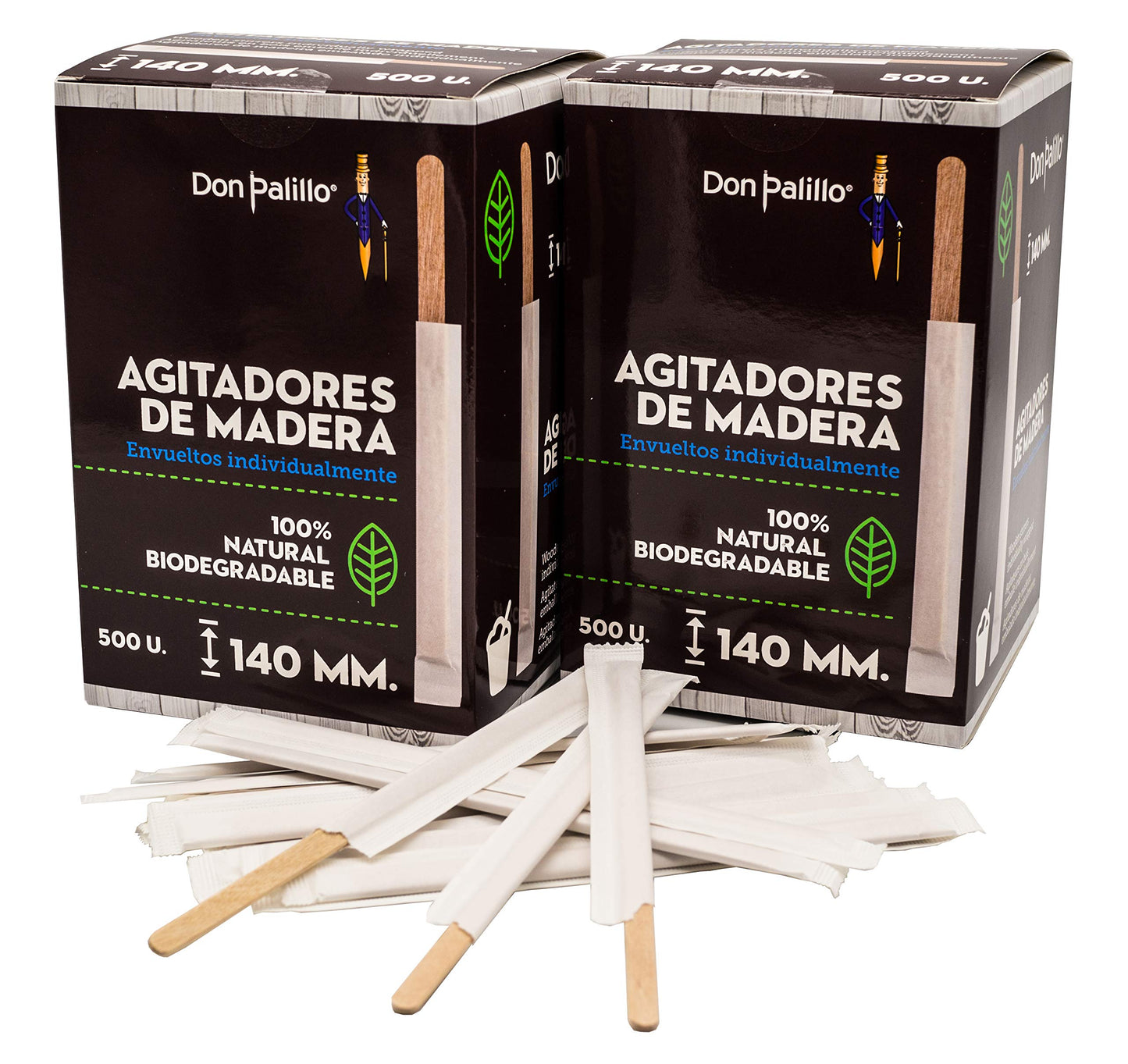 DON PALILLO Agitadores de madera 14 cm envueltos individualmente – 500 o 1000 unidades