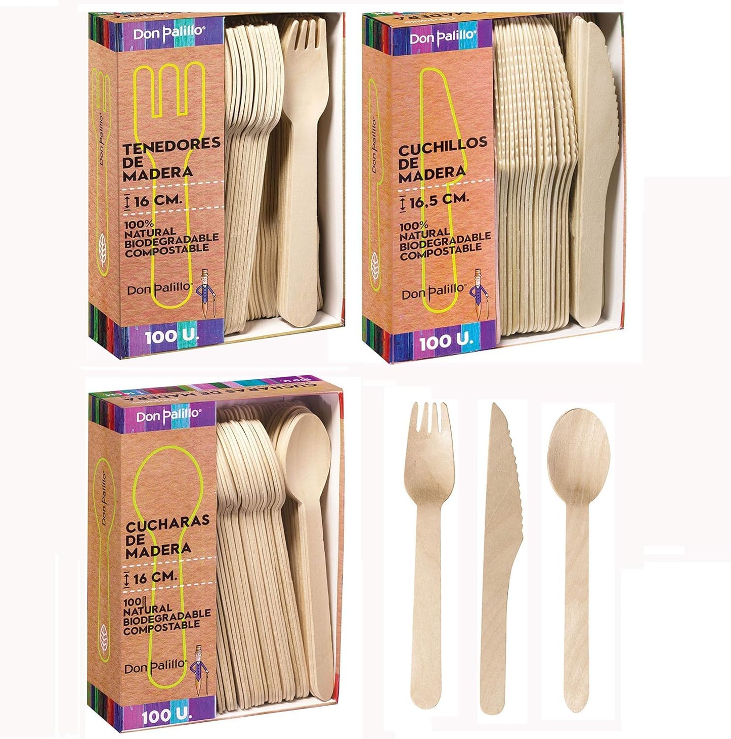 Don Palillo juego de 300 cubiertos de madera: cucharas, tenedores y cuchillos