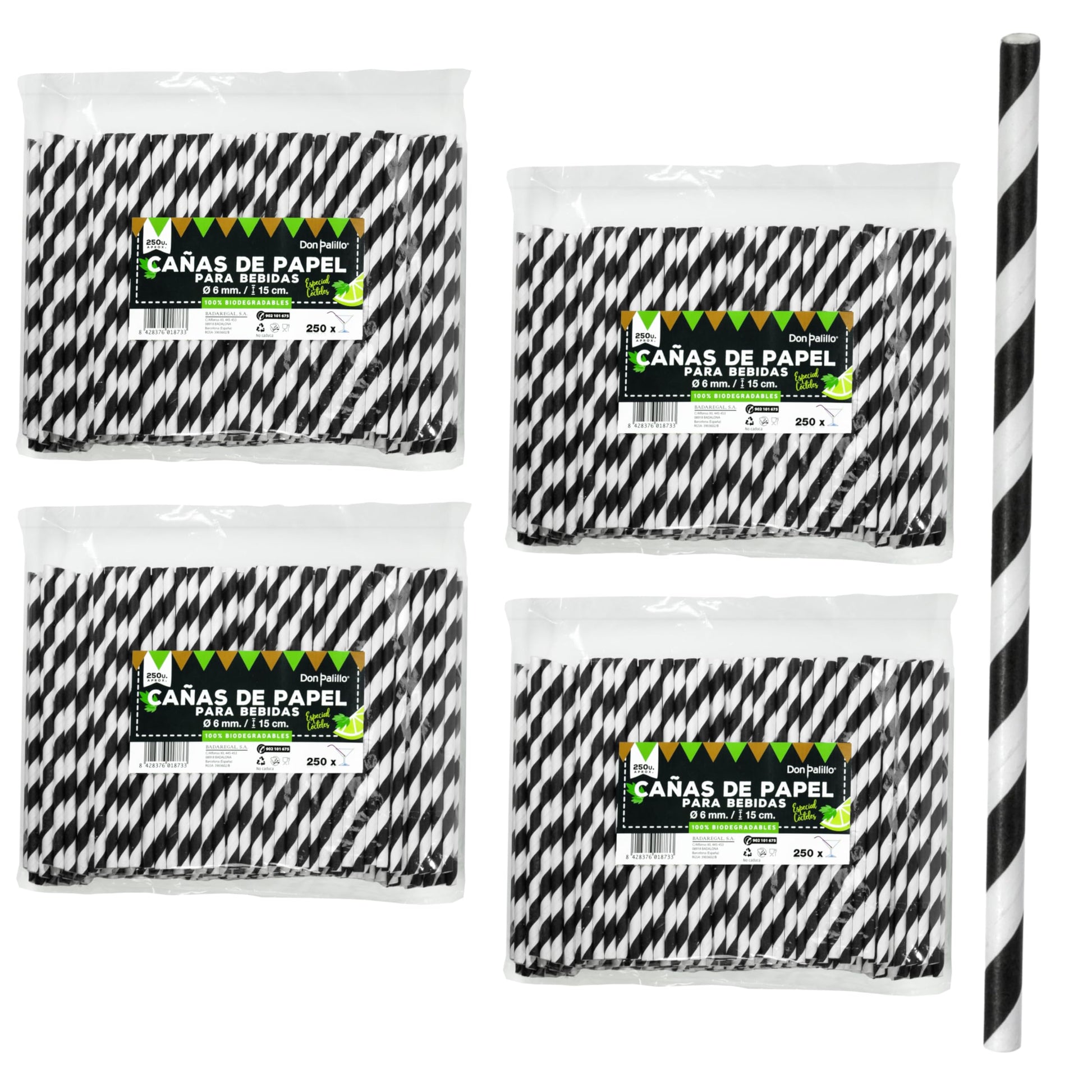 Don Palillo 1000 pajitas de papel en espiral blanco y negro de 15 cm