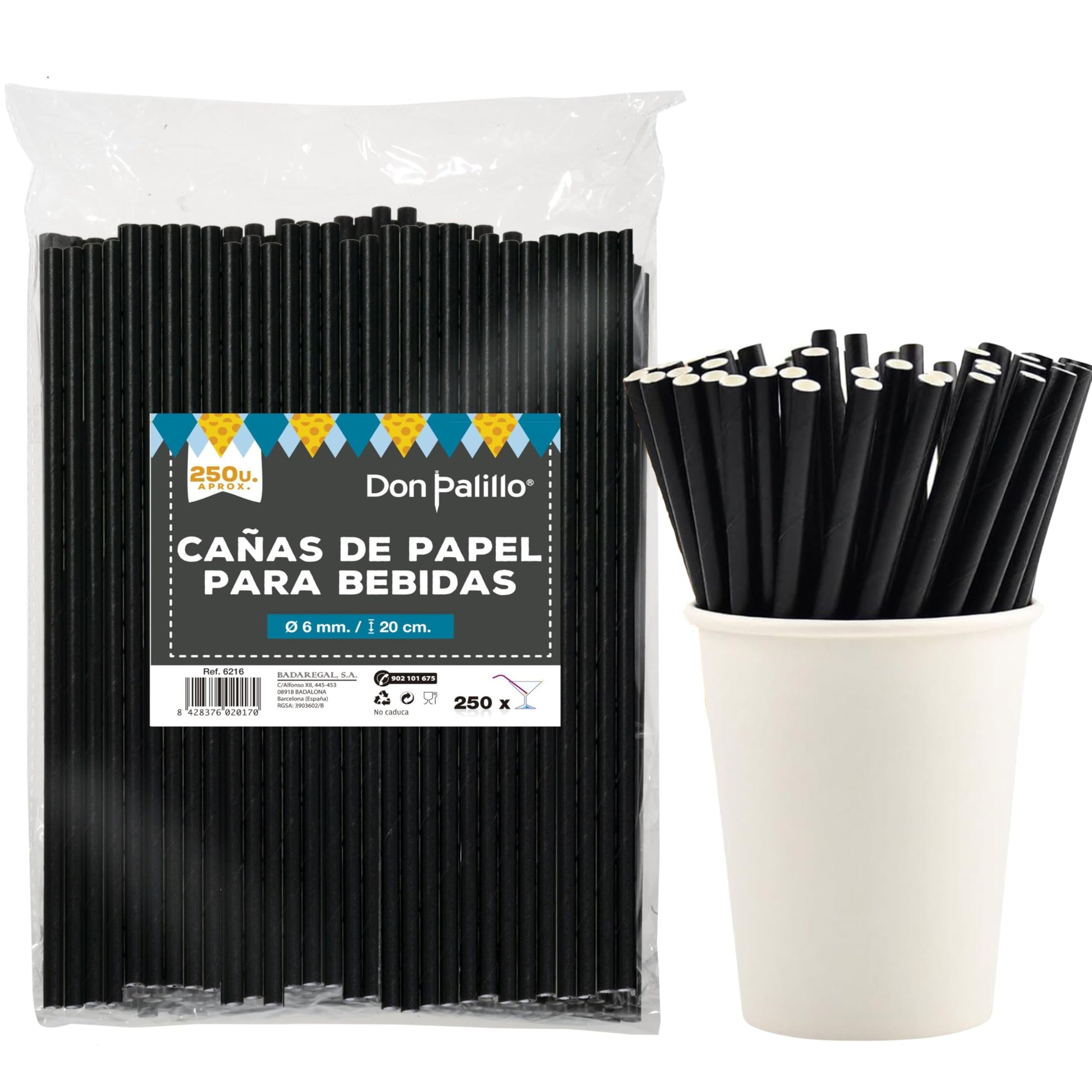 Don Palillo 250 pajitas de papel negras de 20 cm